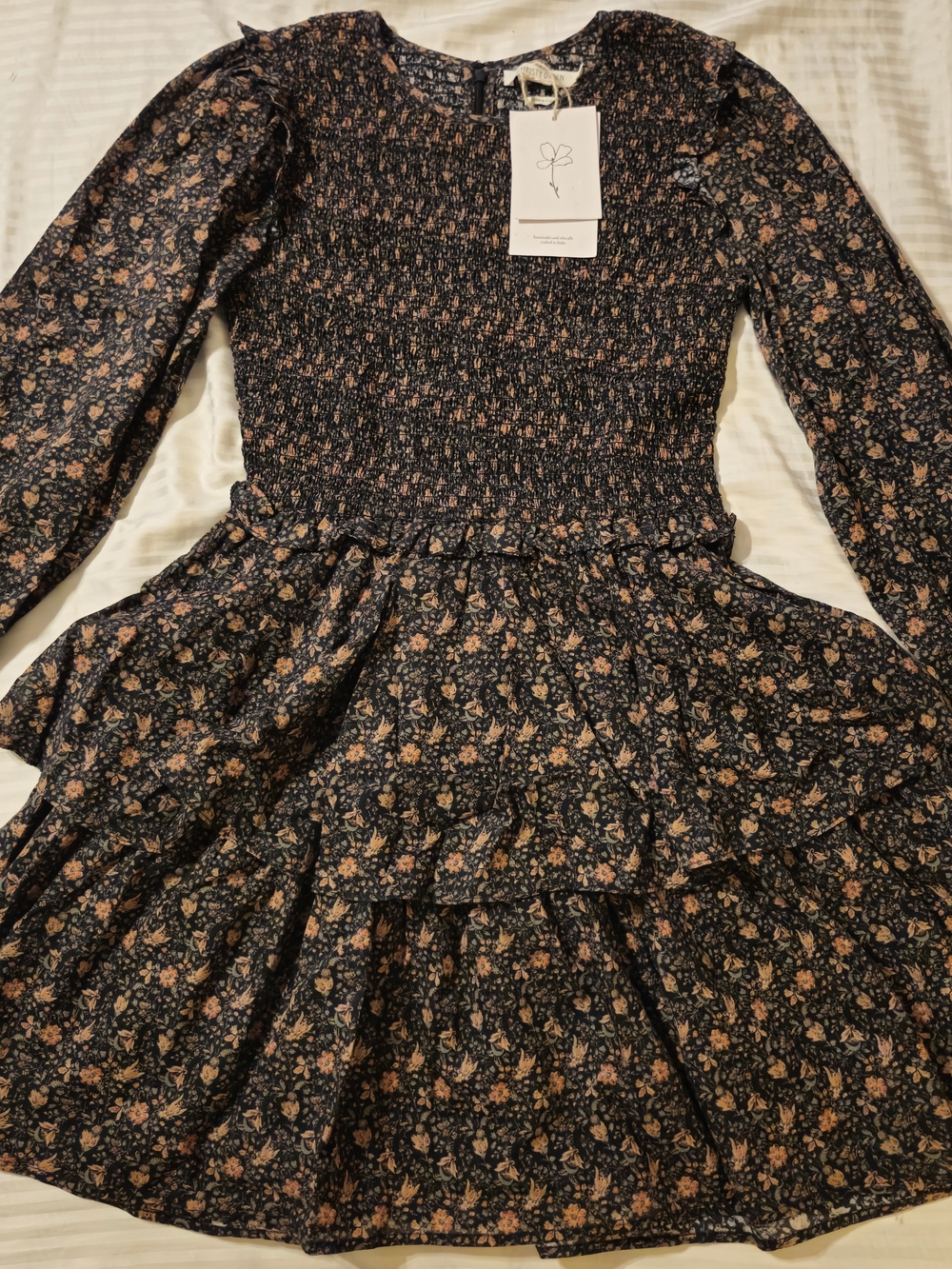 Christy Dawn Black Floral Smocked Long Sleeve Dress